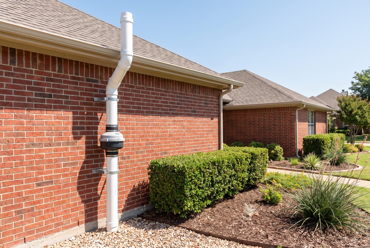 Radon mitigation system pipe and fan installed on a brick Dallas, TX home exterior