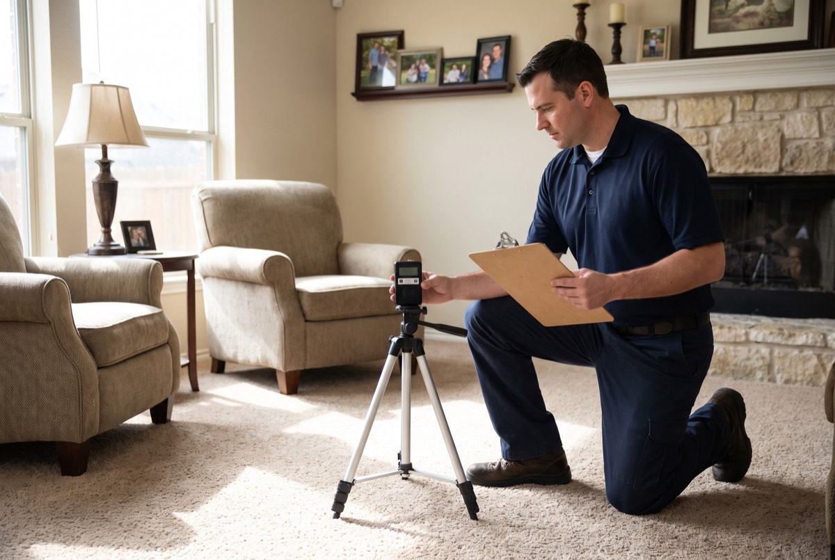 Technician setting up a continuous radon monitor in a Dallas, TX living room